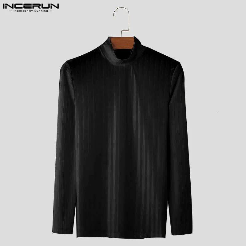 INCERUN Men T Shirt Striped Mesh Patchwork Turtleneck Long Sleeve Men Clothing Streetwear 2024 See Through Fashion Camsietas 250102