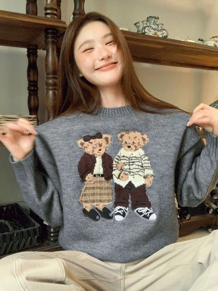 Fashion Lovely Women Cartoon Jacquard Sweater Loose Retro Jumper Winter Autumn Cute Bear Pattern Sweaters Pullover Korean Trendy 241227