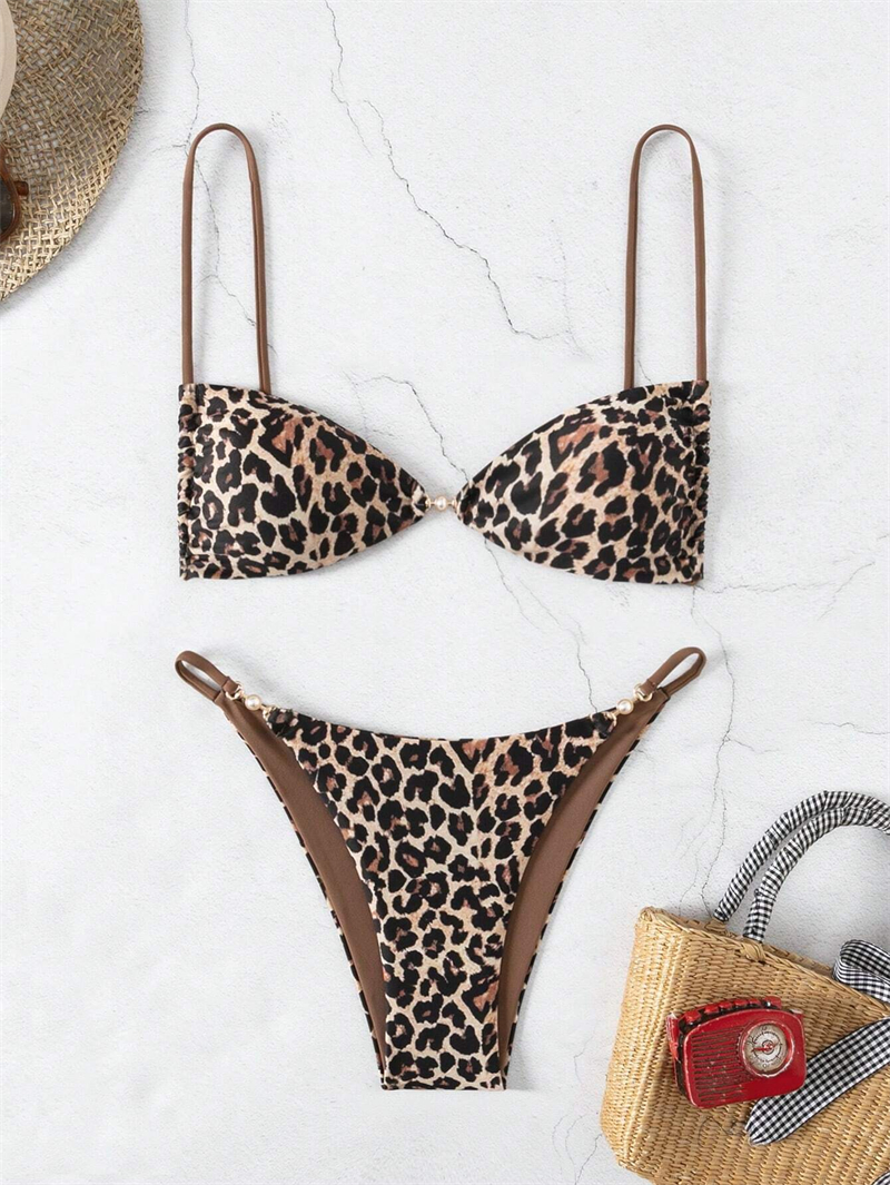 Leopard Print Micro Bikini 2025 Women Pearl Decor Swimsuit Spaghetti Bikinis Sets Ladies Swimwear Low Cut Beach Wear Brazilian Woman Sexy String Bathi