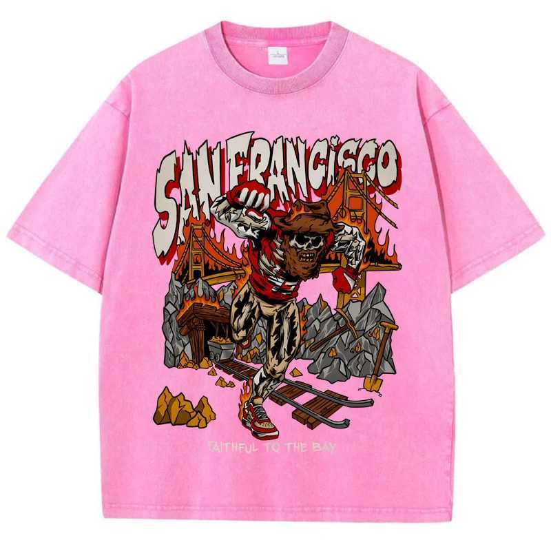 American Washed retro and worn out T-Shirt for men Women Loose Oversized Clothes San Francisco Skeleton Miner Graphic StreetwearXJ240102