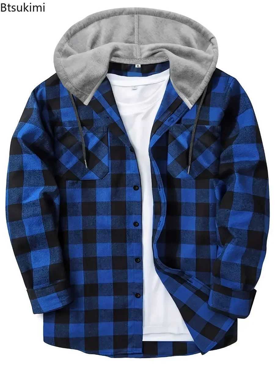 Spring and autumn mens plain weave shirt loose casual long sleeved shirt jacket fashionable hooded cardigan jacket mens simple sports top W250103