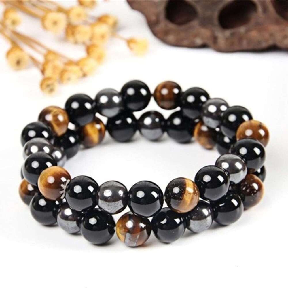 Triple Protection Bracelet, Tigers Eye Black Obsidian and Hematite 8mm Beads Men Women, Heag Crystal Bracelet for Good Luck Prosperity Happiness