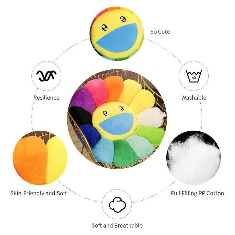 Cozy Sunflower Plush Cushion Cute Flower Face Stuffed Cushion Colorful Rainbow Floor Pillow Sofa Decorative Bedroom AccessoriesXJ250102
