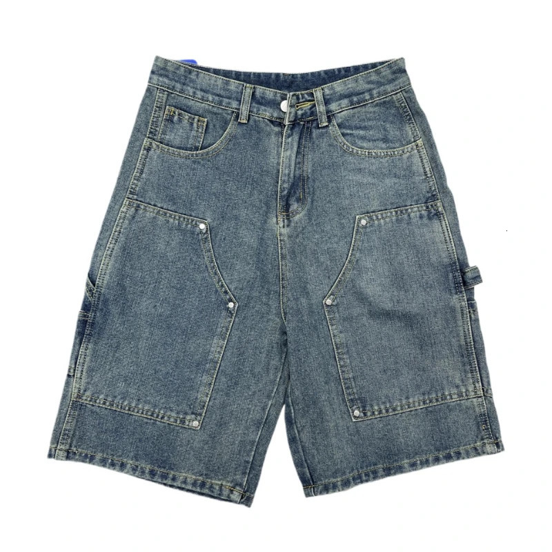Mens denim shorts summer thin retro American street fashion loose straight casual wash knee long jeans 241230
