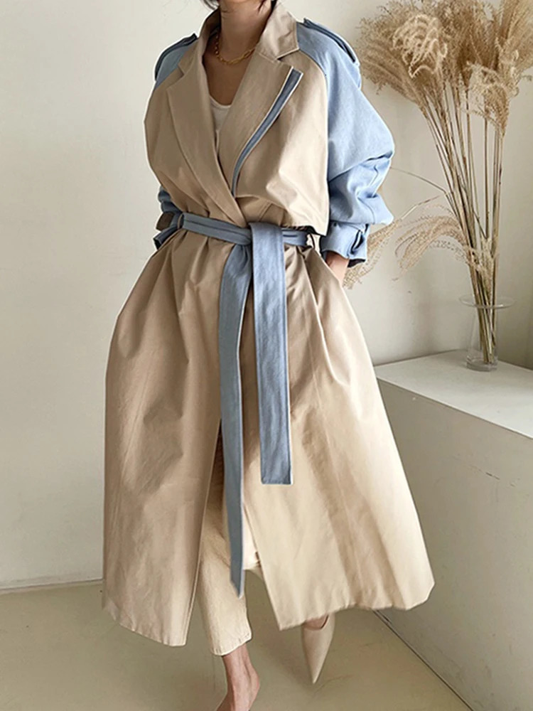 UCXQ Fashion Long Jacket Vintage Patchwork Contrasting Lapel Lace Up Waist Elegant Trench Coat Women 2025 Spring Autumn 9792 241224