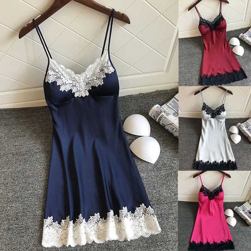 Womens sexy lingerie summer silk evening dress lace patch work mini evening dress spaghetti strap sleepwear womens strap chest pad W250103