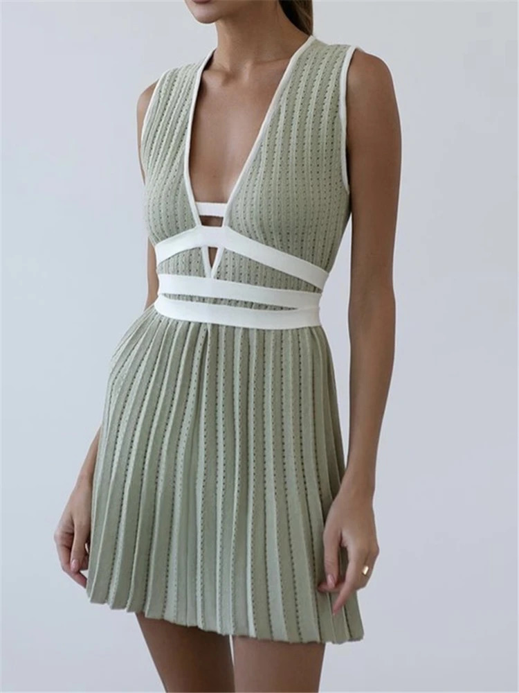 REALEFT Summer Deep V-Neck Knitted Womens Dresses High Waist Lace Up Casual Sleeveless Solid Sexy Mini Dresses Female Ladies 250102