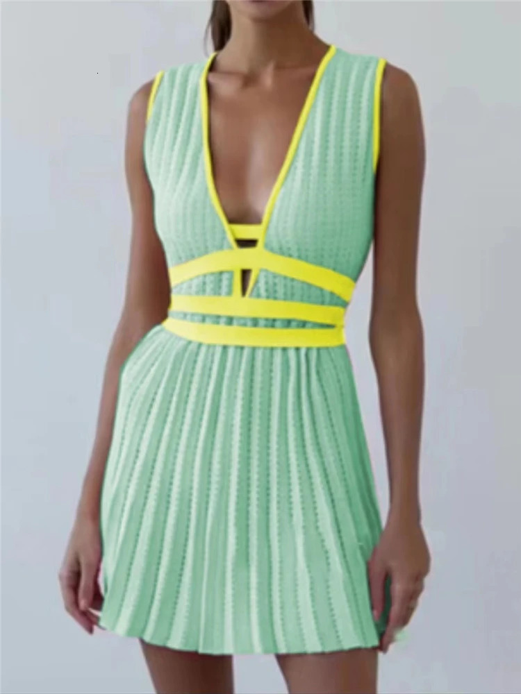 REALEFT Summer Deep V-Neck Knitted Womens Dresses High Waist Lace Up Casual Sleeveless Solid Sexy Mini Dresses Female Ladies 250102
