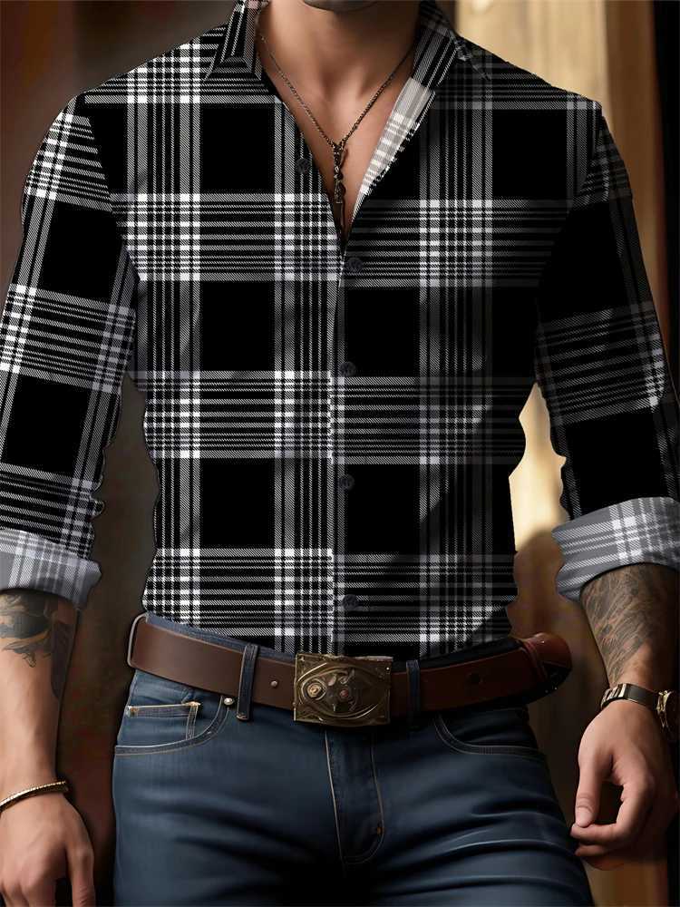 Mens new spring/summer button down shirt with checkered print long sleeved luxury lapel coat oversized outdoor street top W250102