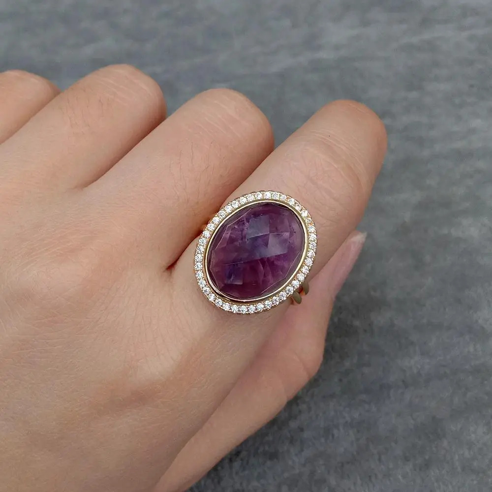 KKGEM 14x18mm Natural Oval Amethyst Water Diamond Laying Finger Ring Adjustable Anniversary Commemorative Ring 250102