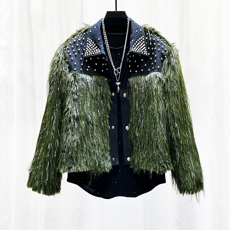 PFHQ Autumn Winter Men Jacket Dia Studded Tassel Plush Light Turn-Down Collar Male Tops Fashion 21Z7554