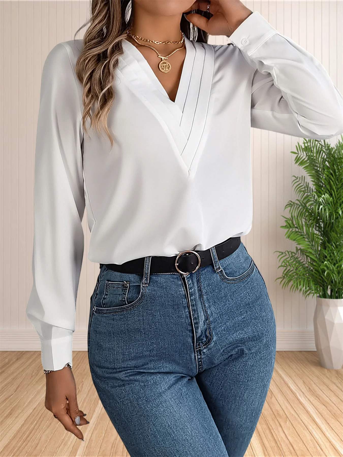 Womens elegant business office shirt layered V-neck long sleeved dress work top 250102