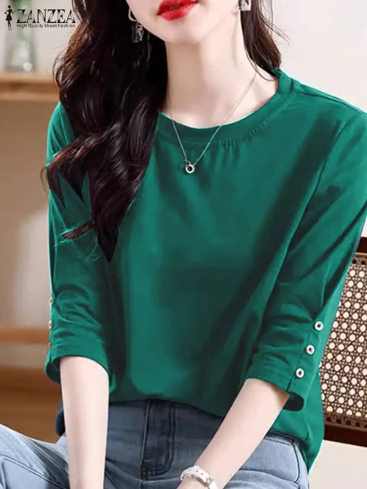 ZANZEA Womens Half Sleeve Button Up Shirt Summer Solid Round Neck Blue Elegant Office Womens Tuned Casual Basic Top 250102