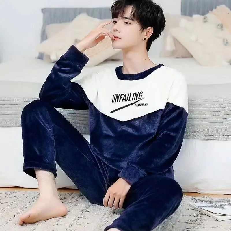 Winter Long Sleeve Thick Warm Flannel Pajama Sets for Men Coral Velvet Cute Cartoon Sleepwear Suit Pyjamas Homewear Clothes 250103