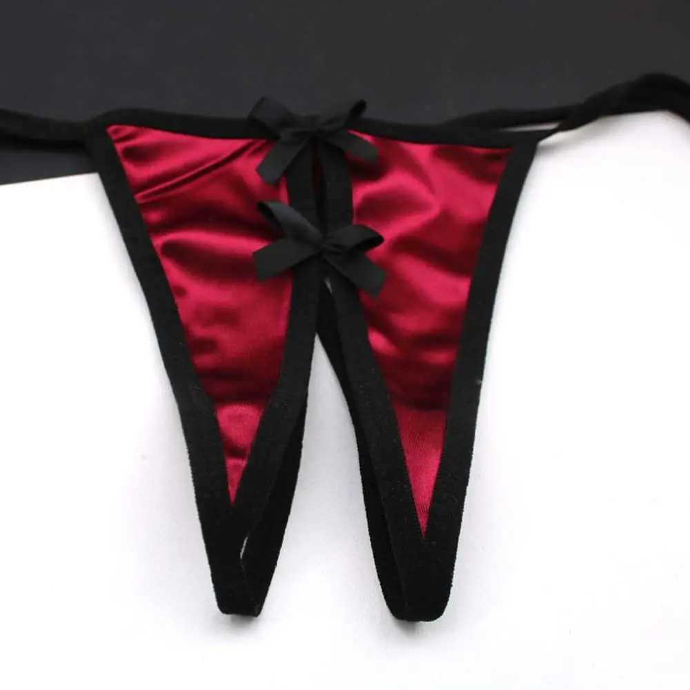 Transparent sexy open crotch satin solid color low waist womens underwear lingerie sexy thong W250103