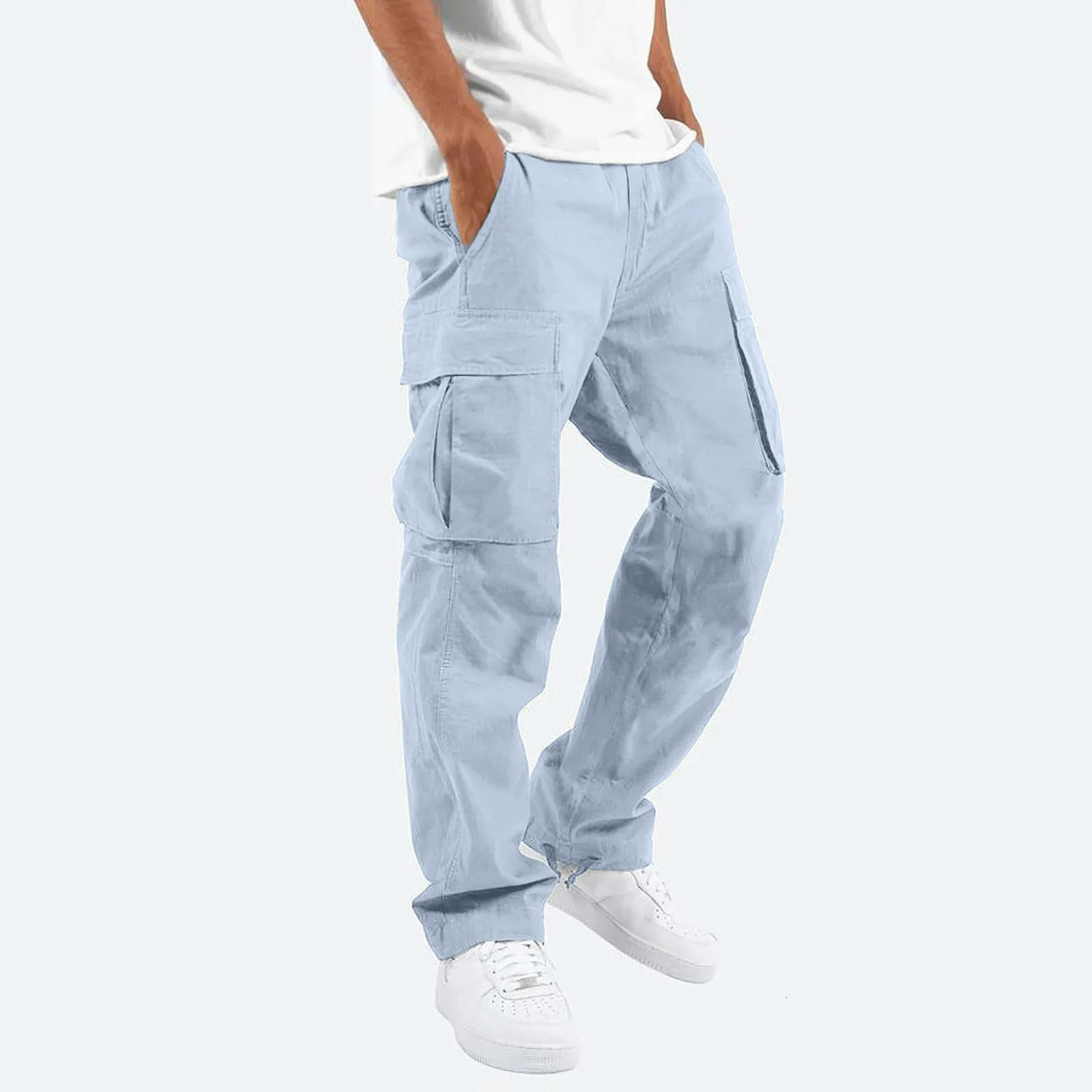Plus Size Men Cargo Pants Pockets Casual Male High Elastic Waist Pocket Wide Leg Trousers Oversized S-5XL# 250102