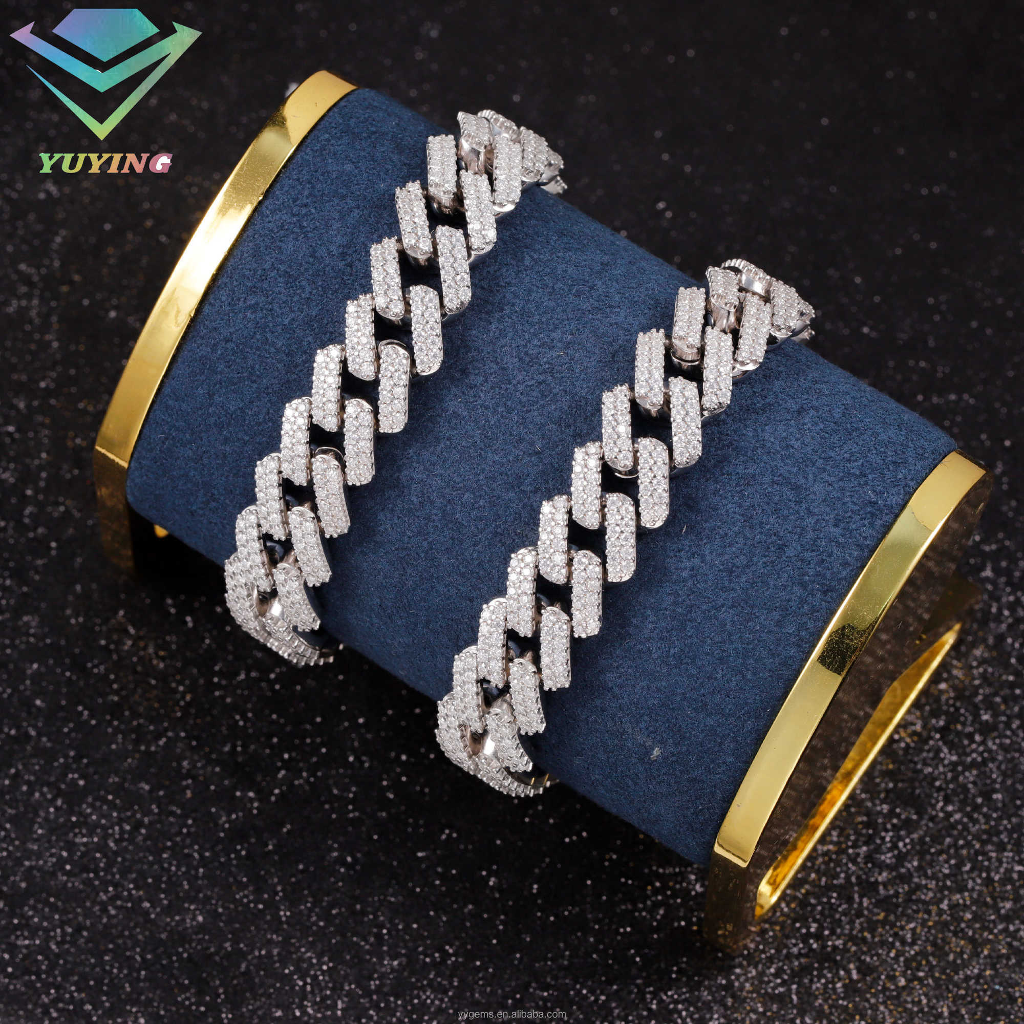 Yu Ying 100% Pass Tester Moissanite Bracelet 2rows 13mm S925 Silver Hip Hop Bracelet For Men Moissanite Cuban Chain Bracelet