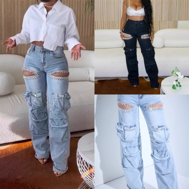 Women Jeans Designer 2025 New Hollowed Out Diamond Embellished Work Pants With Multiple Pockets And Elastic Jeans 4 Colours