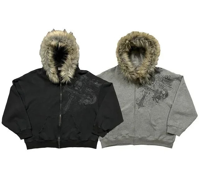Winter Men Fashionable Fur Collar Hat Hoodie Y2k Street Retro Warm Cardigan Loose Hoodie Street Skull Print Zipper Sweatshirt 241231