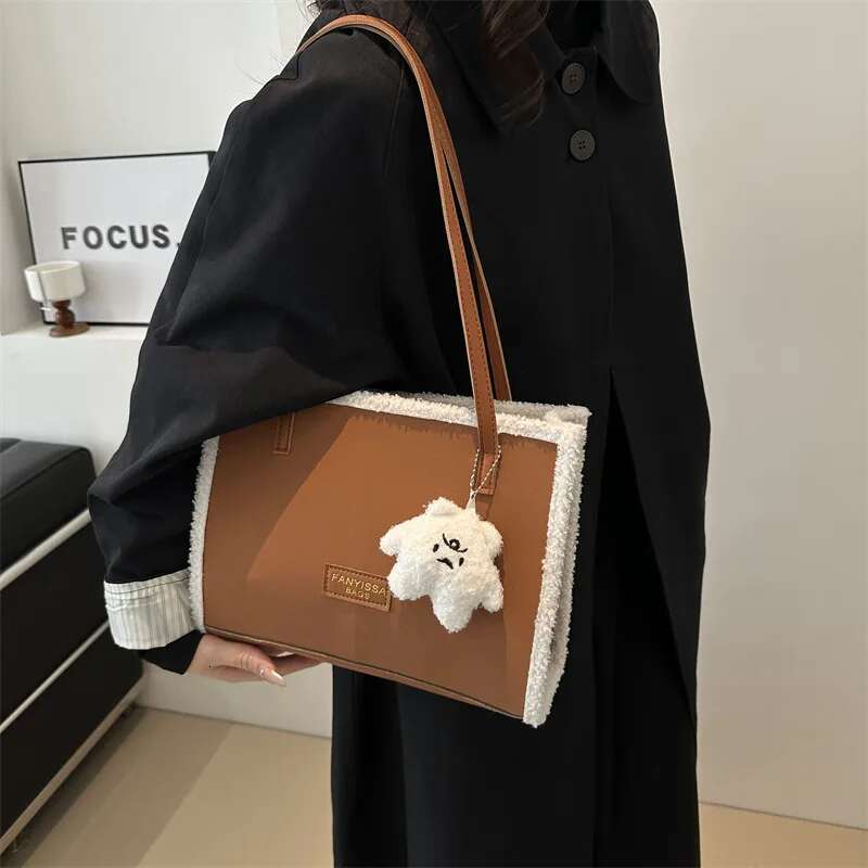 new imitation suede and cashmere patch women s shoulder bag designer department retro cartoon pendant crossbody bag square handbag bag