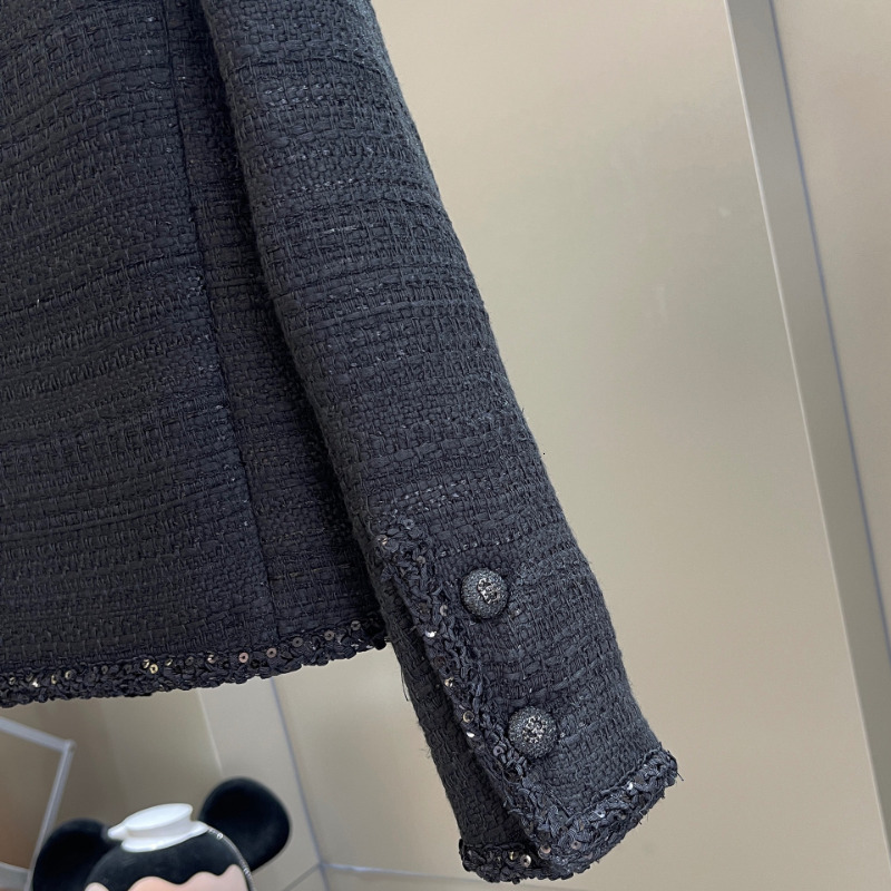 Black Small Fragrance Women Coat Spring Autumn Dark Weave Classic French Slim Tweed High Quality Long Sleeve Lady Jacket