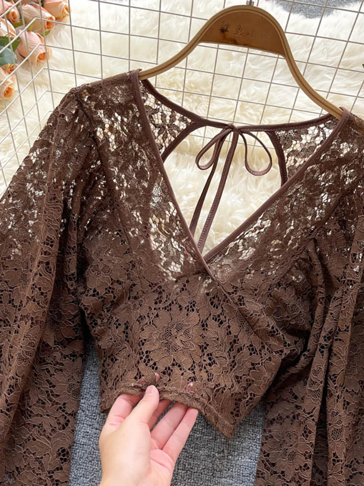 Autumn Black/White/Brown Sexy Lace Shirt Womens Elegant V-neck Puff Long Sleeve Open Short Top Womens Party Blusas 250102