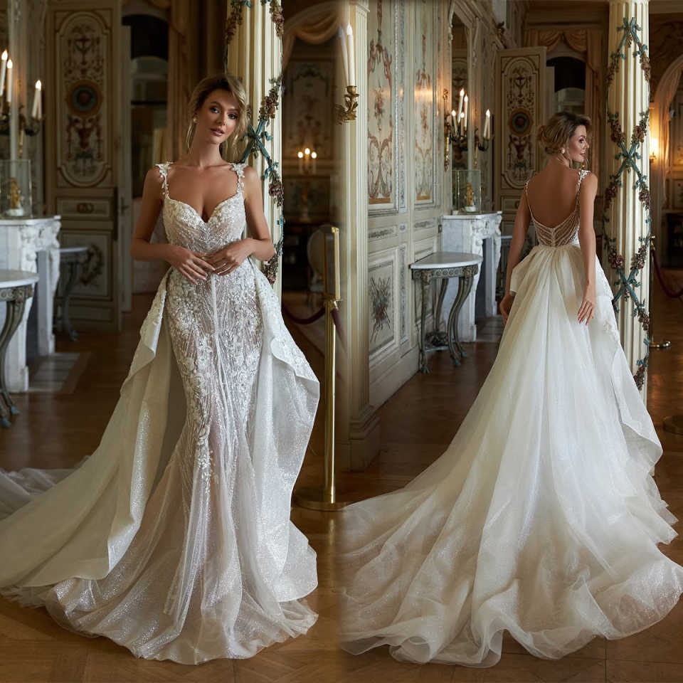 Gorgeous Mermaid Wedding Dresses For Women Sweetheart Neck Sleeveless Gown Sequins Appliques Detachable Train Customized Dress