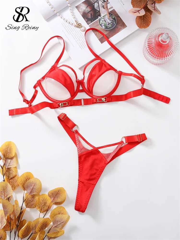 SINGREENY 2024 Patchwork Mesh Porn Sexy Underwear Womens Hollow Transparent Sexy Underwear Two Piece Set W250103