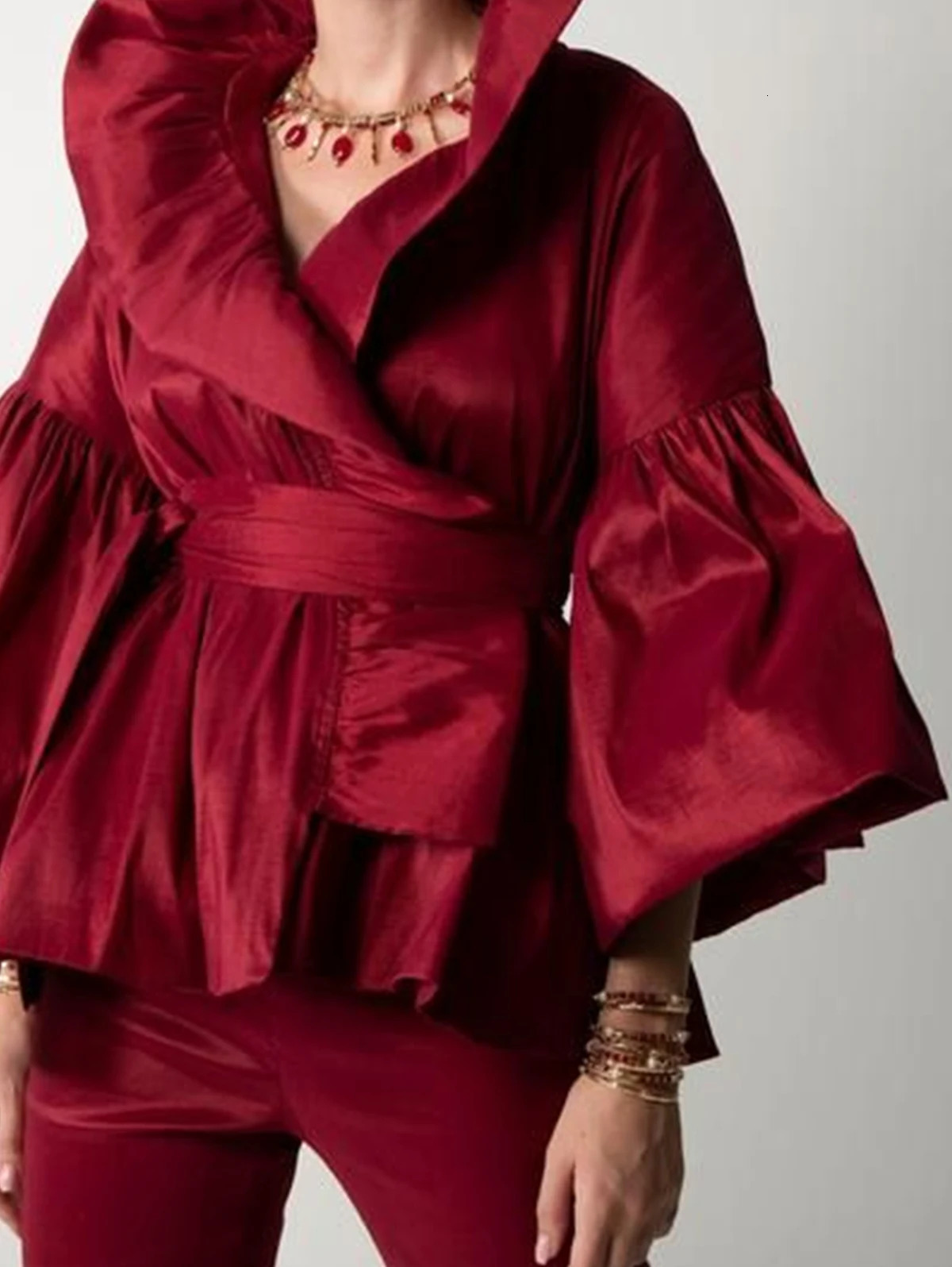 Casual Puff Long Sleeve Ruffle Shirt Office Womens Solid Color Womens Wrapped Shirt Flip Collar Elegant Shirt Womens Fashion 250102