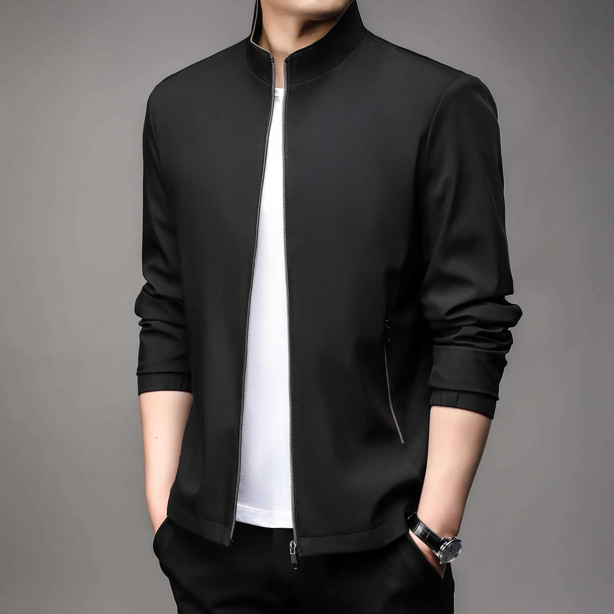 High quality handsome guy 2024 spring/summer mens business casual jacket solid color fashion no trace stand collar M-4XL W250103
