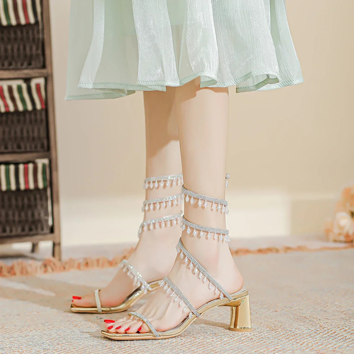 Summer Fashion Rhinestone Crystal Pendant Snake Shape High Heel Sandals for Women Gold Silver Party Wedding Shoes250102