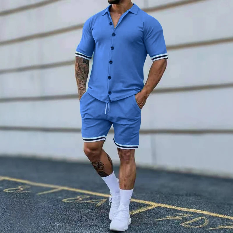 Mens Summer Polo Cardigan Solid Short Sleeve Shorts Two Piece Casual Set 250102