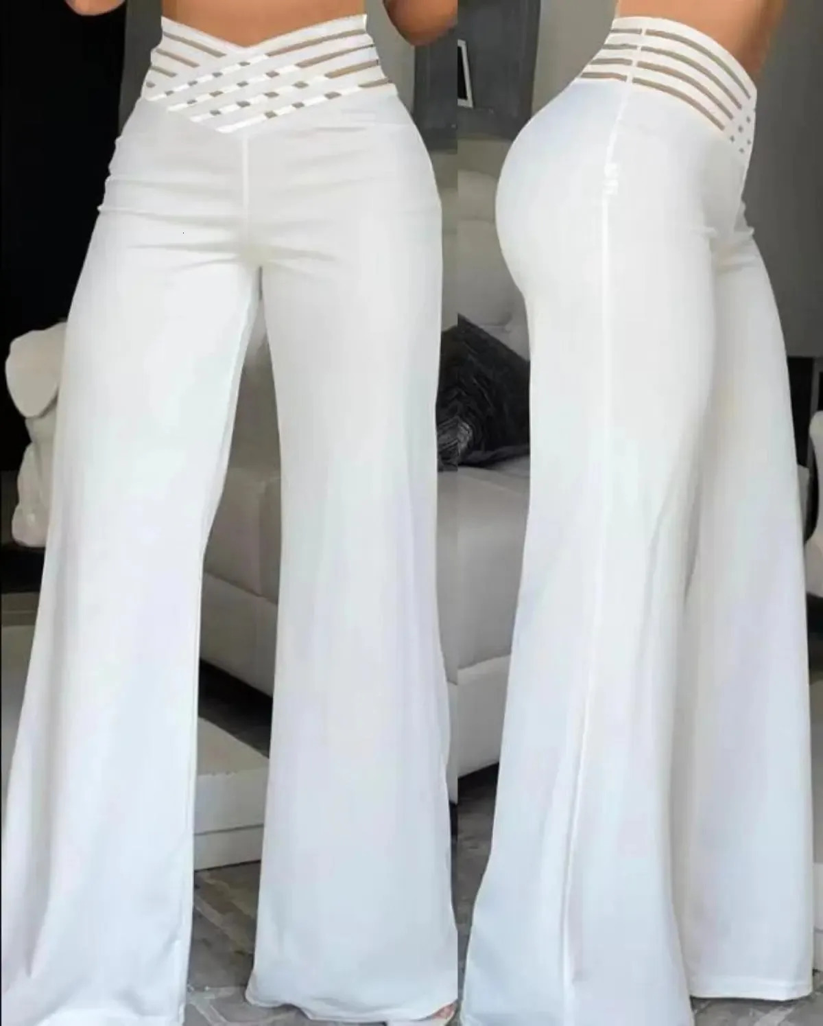 Womens wide leg Flared Pants autumn casual Crisscross transparent mesh patch high waisted Trouser Y2k streetwear elegant work pants 250102CJ