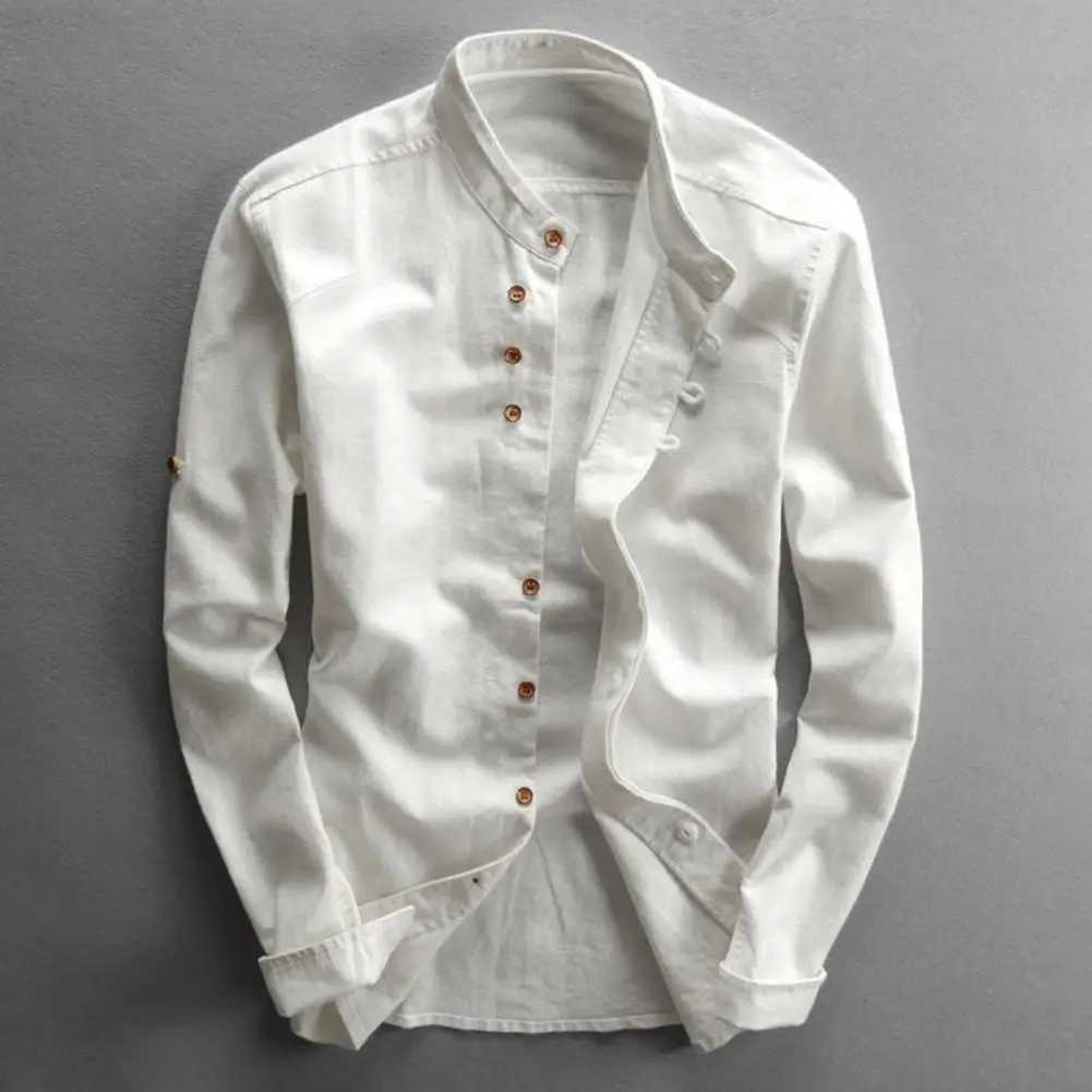 Mens linen cotton shirt cotton linen stand collar long sleeved slim fit mens casual shirt single chest classic office shirt W250103