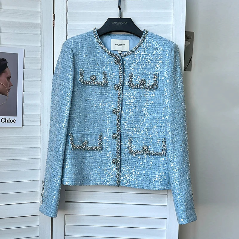 Women French Small Fragrance Blue Sequined Round Neck Studded Lace High Quality Party Elegant Lady Tweed Coat