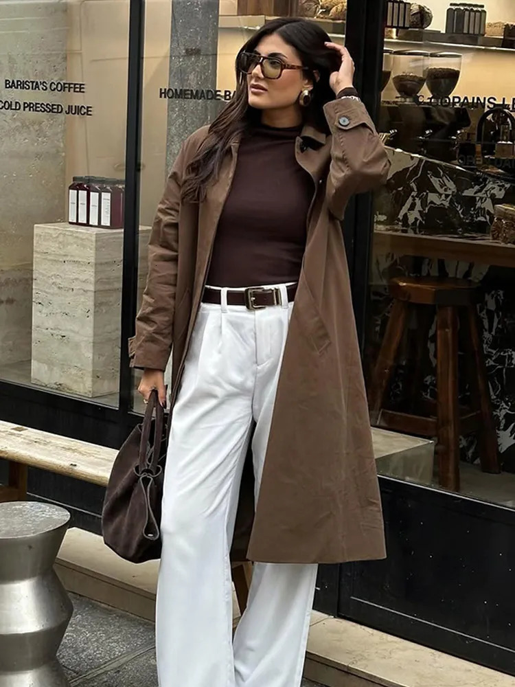 Retro Brown Lapel Long Sleeve Trench Coat Women Elegant Fashion Solid Color High Street Overcoat 2024 Lady Commute Outerwear 241224