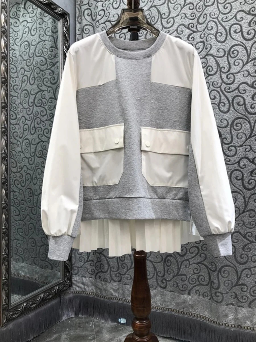 Nomikuma Irregular Contrasting Color Splicing Back Pleated Round Neck Sweatshirt For Women 2024 Autumn New Niche Top Hoodie