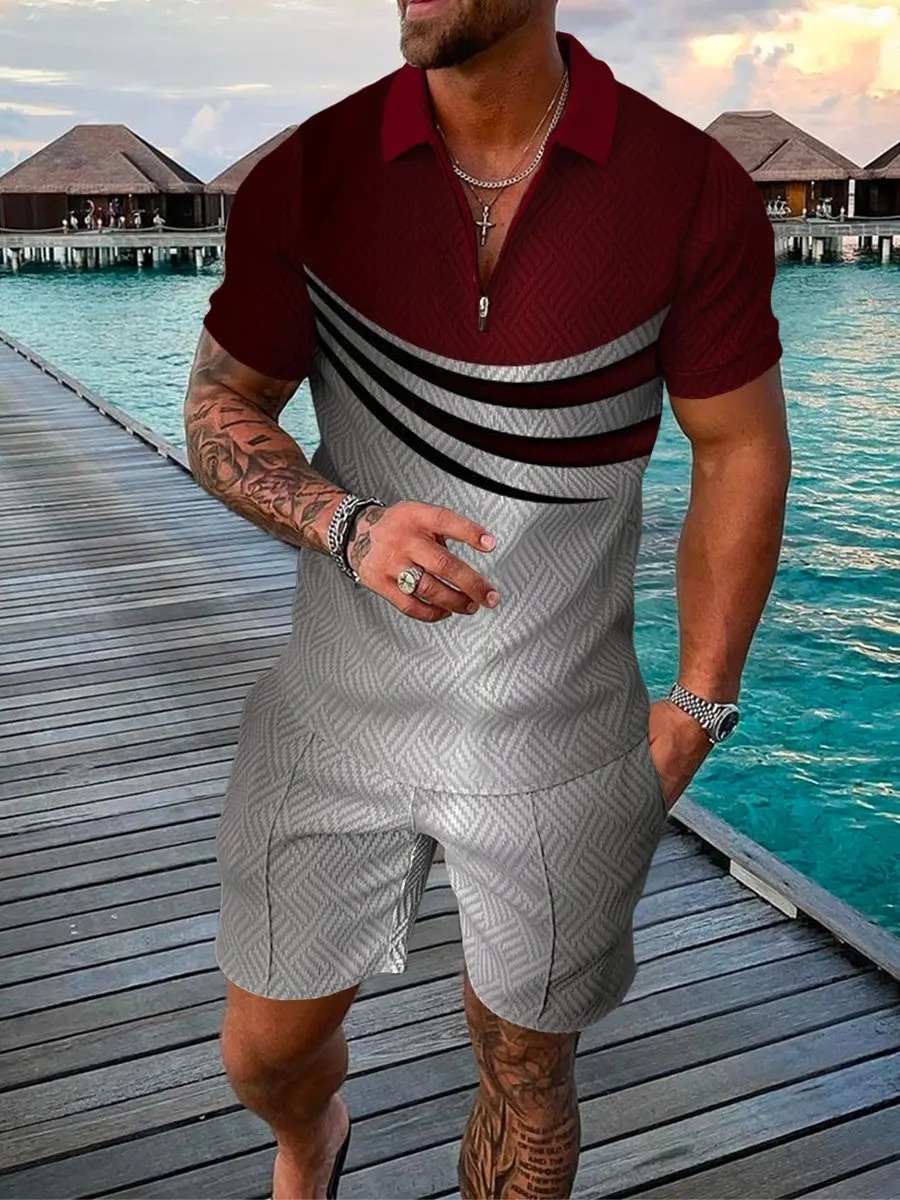 Men Sets Athleisure Short Sleeve Zipper Polo Shirt Shorts Set 2 Piece Set Summer Mens Fashion Short Sleeve Polo Shirt Shorts 250102