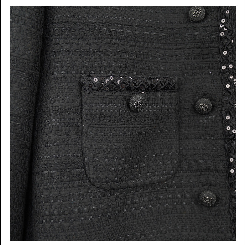 Black Small Fragrance Women Coat Spring Autumn Dark Weave Classic French Slim Tweed High Quality Long Sleeve Lady Jacket