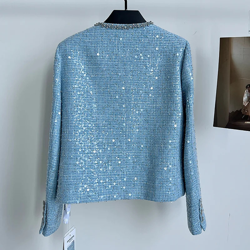 Women French Small Fragrance Blue Sequined Round Neck Studded Lace High Quality Party Elegant Lady Tweed Coat