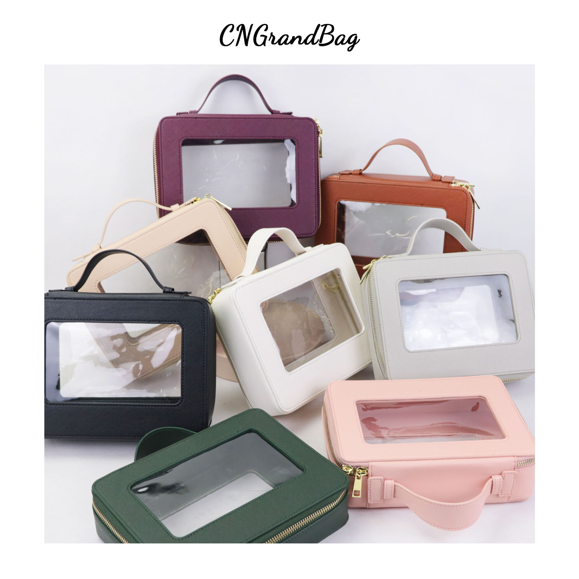 Custom Genuine Leather Set Colorful Classic Saffiano Portable Travel Clear PVC Cosmetic TPU Wash Bag