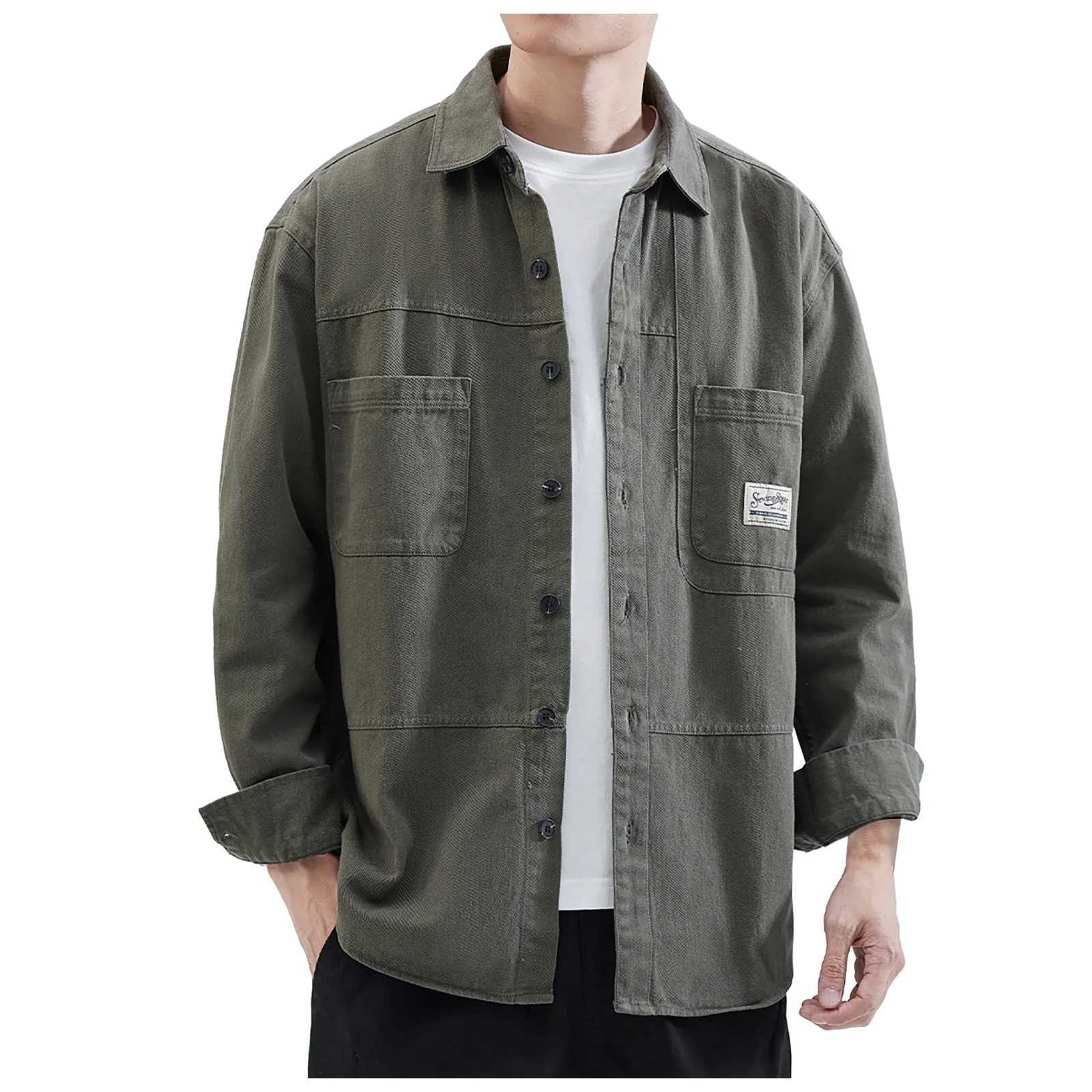 Mens work shirt jacket spring and autumn Japanese loose open top shirt casual long sleeved mens Ropa Hombre shirt W250103