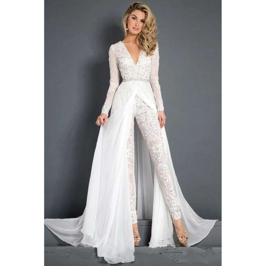 New Lace Chiffon Wedding Dress With Train Modest V-Neck Long Sleeve Beaded Belt Wy Skirt Beach Casual Jumpsuit Bridal Gown