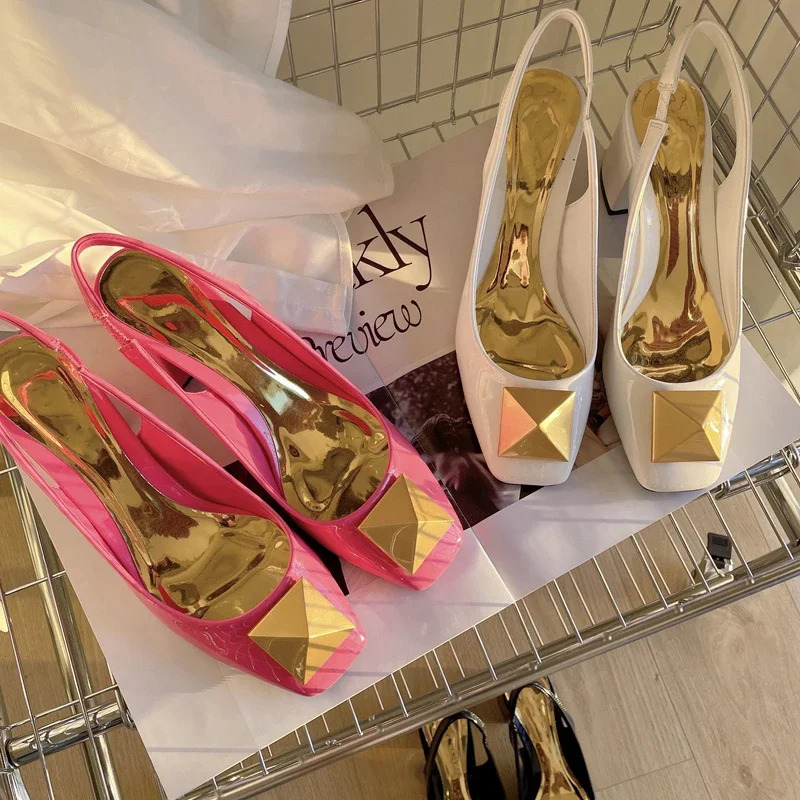 New Design Square Toe Womens Sandals Fashion Gold Rivet Womens Dress Party Shoes Square High Heels Pump Shoes 2022 Shoes 250102