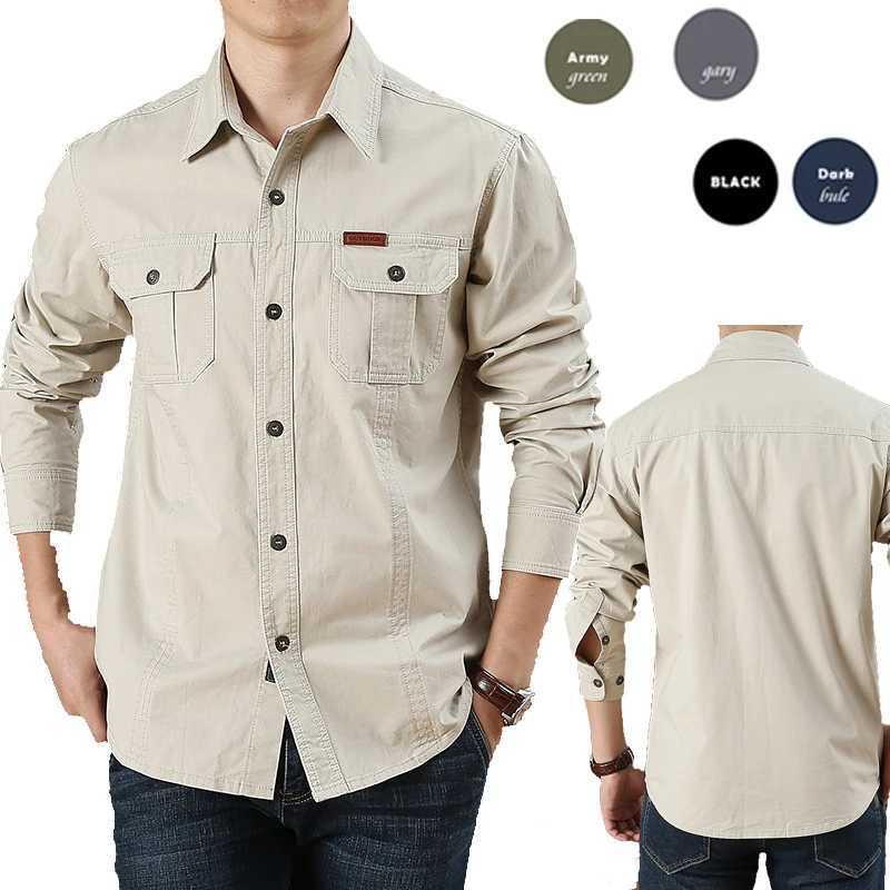 Mens work shirt casual long sleeved loose pocket button up collar shirt fashionable solid color military tactical shirt W250103
