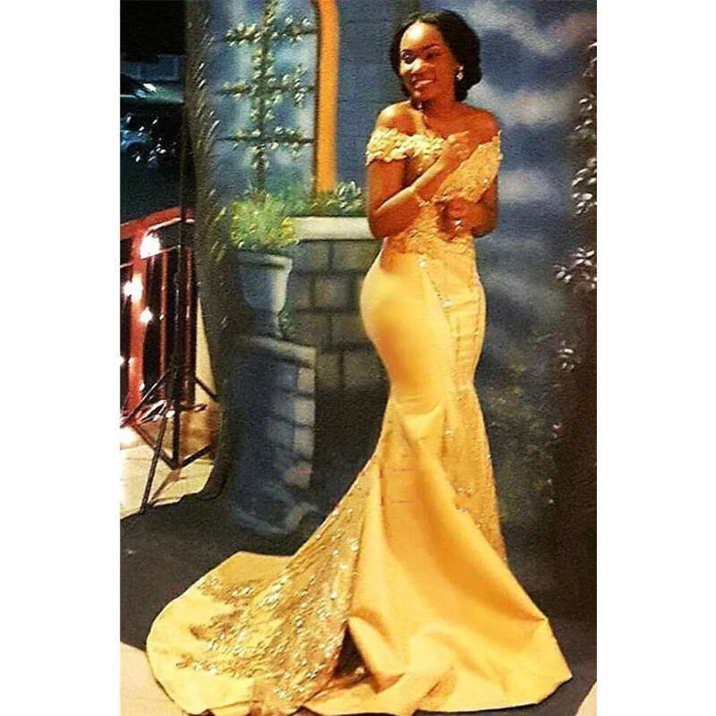 Yellow Nigerian Mermaid Dresses African Off Shoulders Lace Sequined Satin Evening Prom Gowns Ba