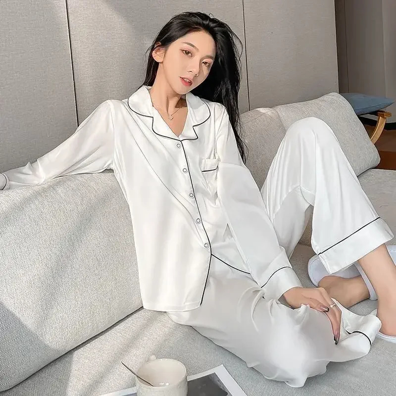 Women Silk Satin Pajamas Pyjamas Set Sleepwear Pijama Couple Suit Drop Sales Loungewear 250103