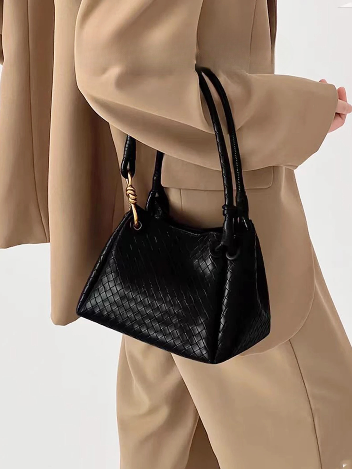 Women Elegant Classic Woven Emed Pattern PU Tote Handbag Small Square Bucket Adjustable Strap Shoulder Crossbody Bag