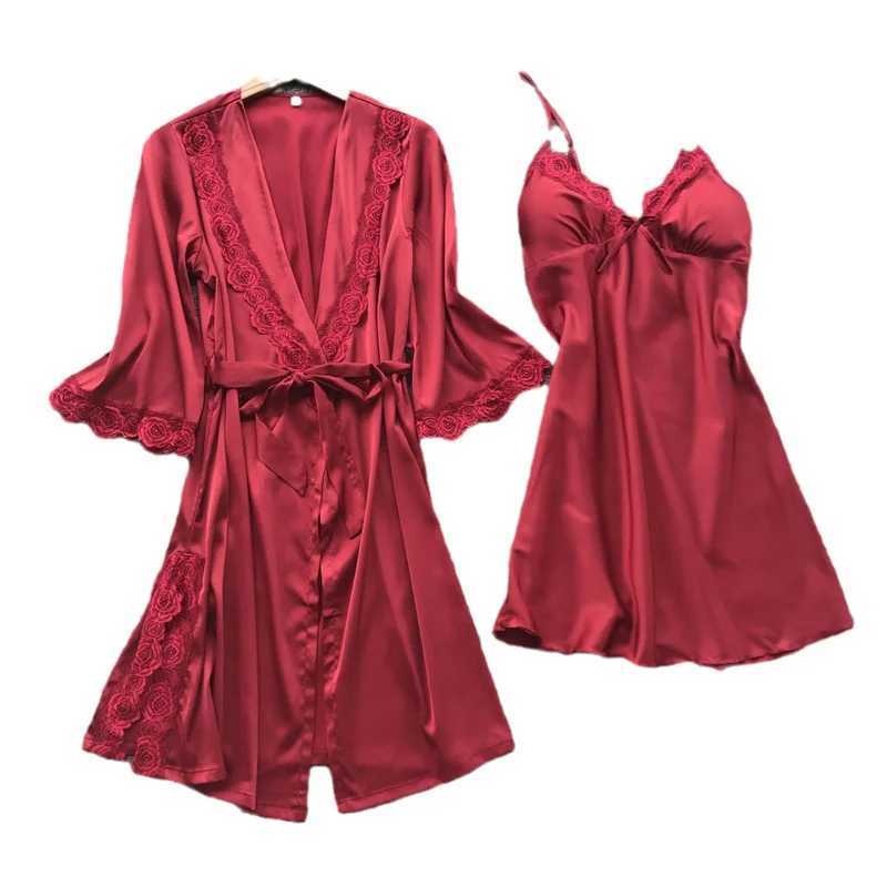 2PCS Leepwear Womens Pajama Set Satin Home Pajama Lace Pajama V-neck Wedding Pajama W250103