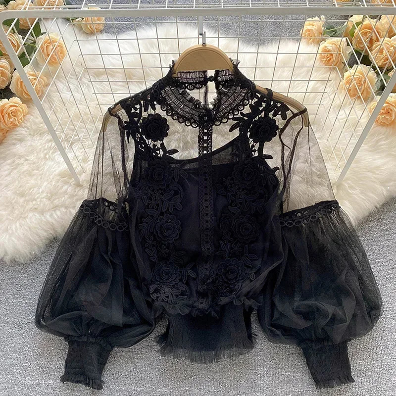 Lace Puff long sleeved shirt retro fashion shirt elegant womens sapphire Korean womens top womens shirt clothing direct 250102